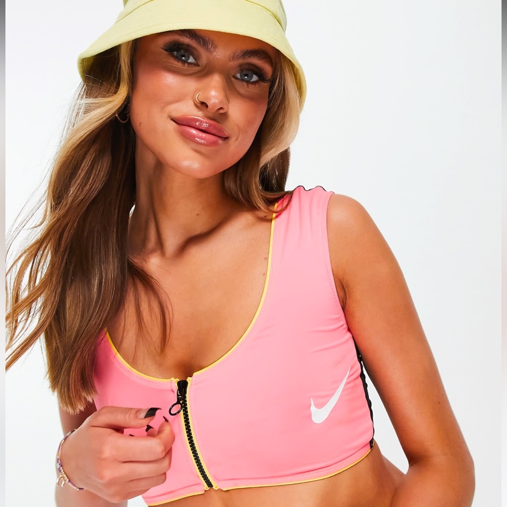 Nike Swimming zip front bikini top in pink and black
